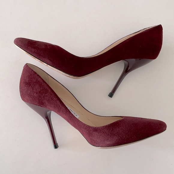 Jimmy Choo Burgundy Suede Pump w/ Patent Leather Heel - Picture 6 of 14